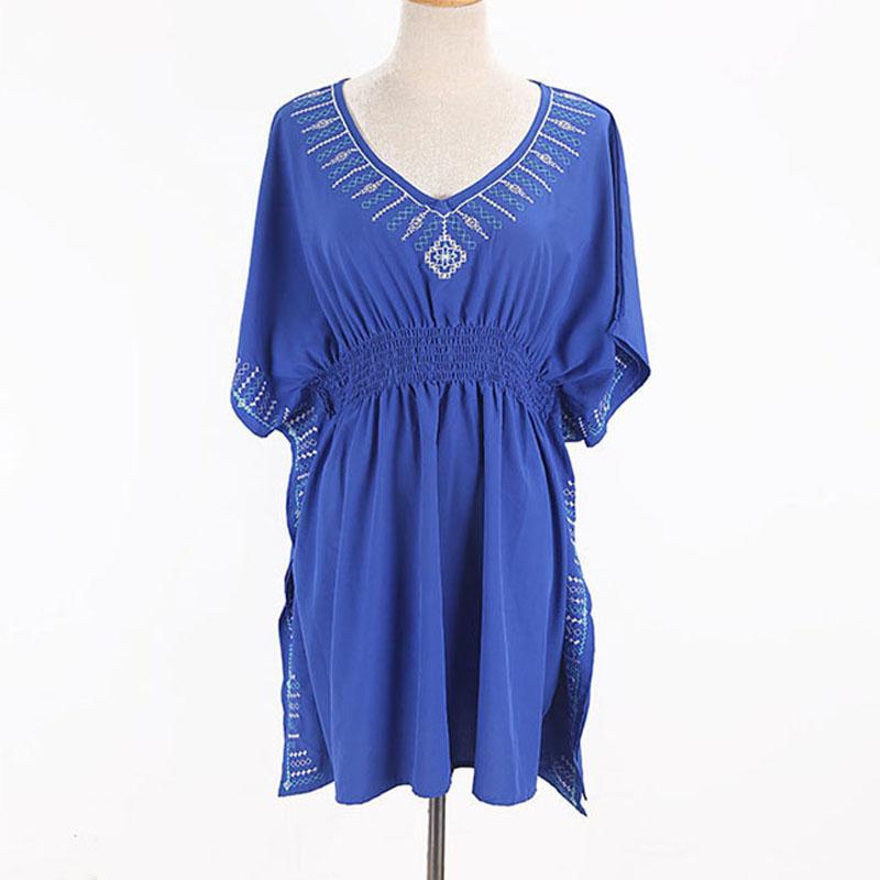 

Women's Swimwear Women Blue Beach Mini Dress V Neck Embroidery Bikini Cover Up Sarong Tunic For Pareo BeachwearWomen's