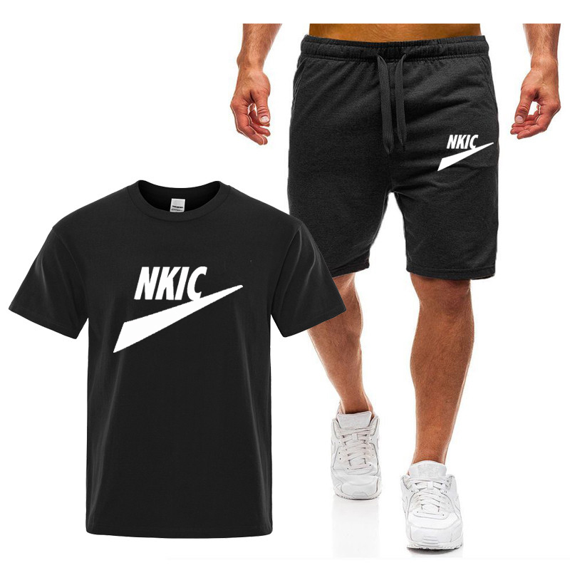 

Summer Tracksuits Brand printing men's short sleeve suit fitness fashion leisure sports suit super cool sports Black T-shirt shorts 2-piece set, Cowboy blue