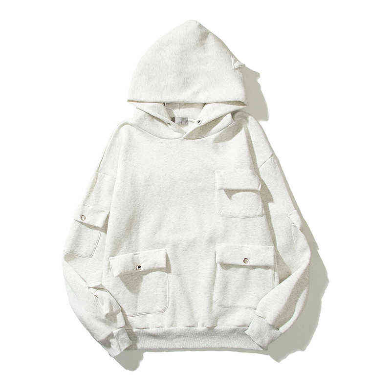 

Retro Multi-pockets Pullover Casual Fleece Hoodies Men and Women Harajuku Streetwear Loose Oversized Hooded Sweatshirts T220726, Black