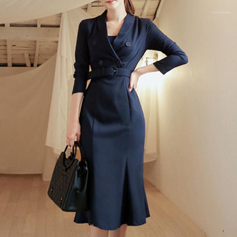 

Casual Dresses Alien Kitty 2022 Elegant Women Blazers Notche Long Warm Retro Solid Loose Trumpet Mermaid Female Office Lady Vestidos, Navy blue