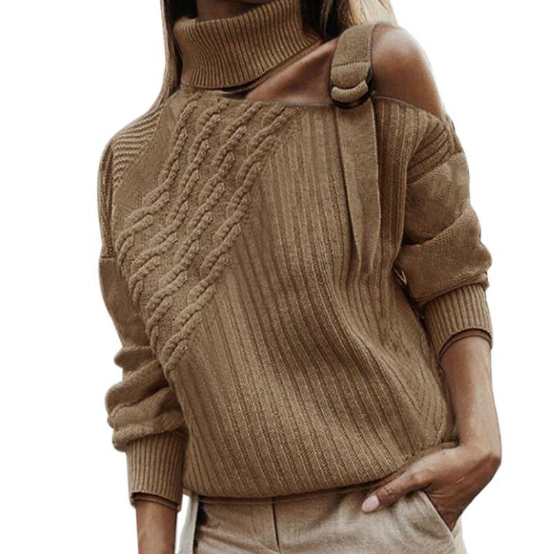 

Women' Sweaters Autumn Winter Women Turtleneck Off Shoulder Cut Out Pullover Solid Black Warm Long Sleeve Knitted Sweater Sexy KnitwearWome, Green