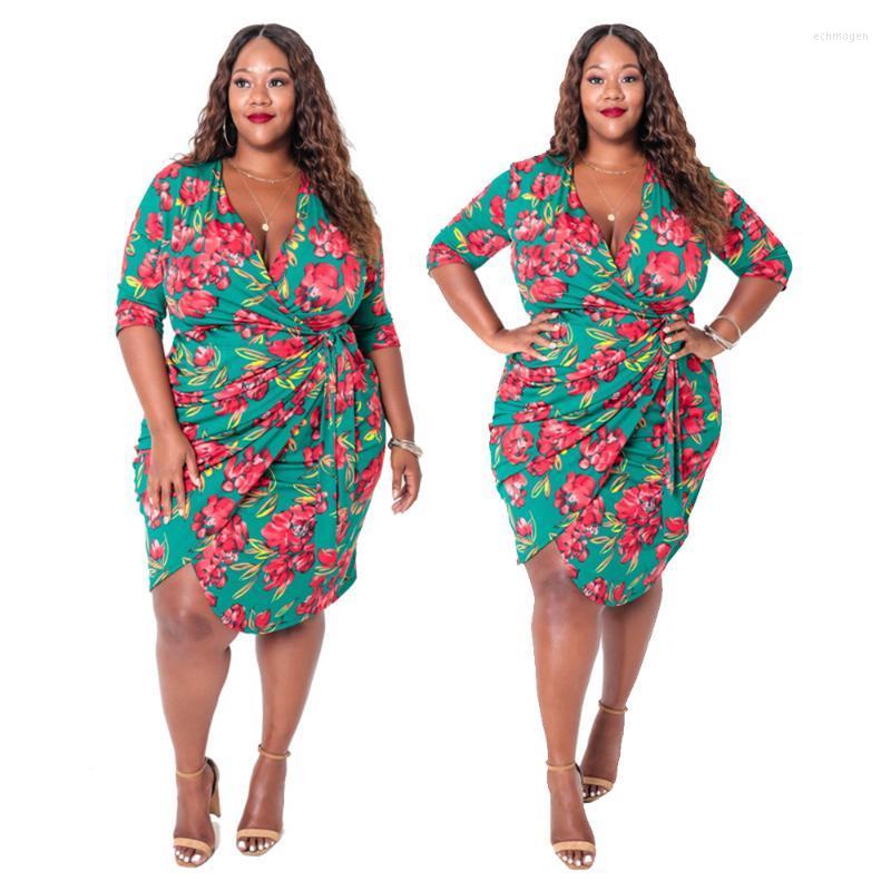 

Plus Size Dresses Retro Women Outfit Printed Lace-up Fashion Dress Cardigan V Neck Irregular Sexy A Line Wholesale Drop Echm22, Red