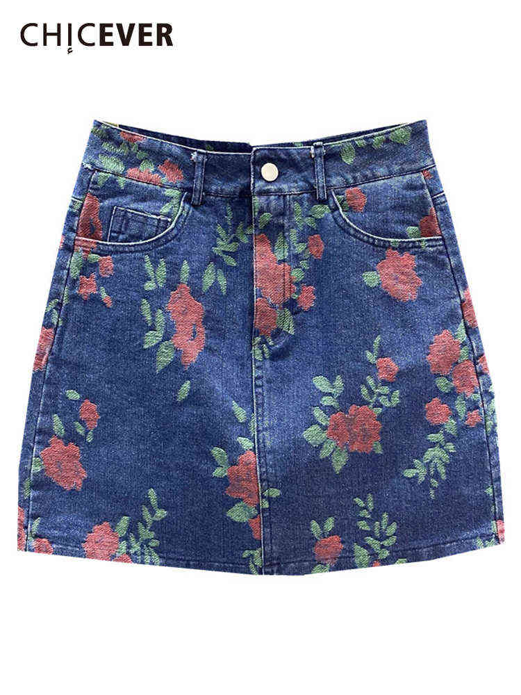 

CHICEVER Patchwork Embroidery Print Denim Skirts Womens High Waist Sashes Lace Up Mini A Line Skirt Female 2022 Summer Clothing T220819, Red