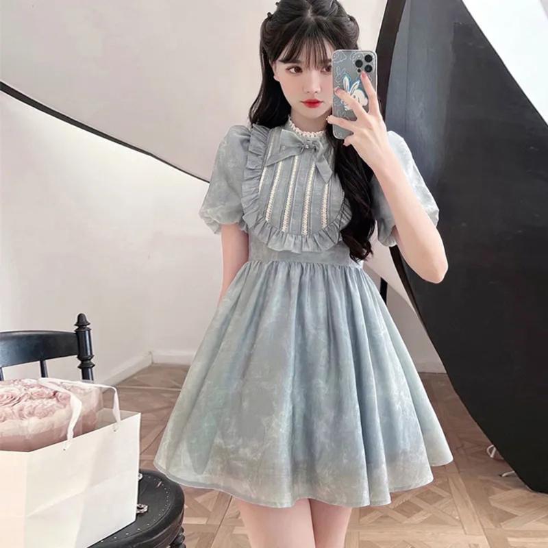 

Casual Dresses Women Korea Tie Dye Patchwork Party Dress Female Summer Chiffon Lace Ruched Sweet Mini Hem Mesh Kawaii 2022, Blue