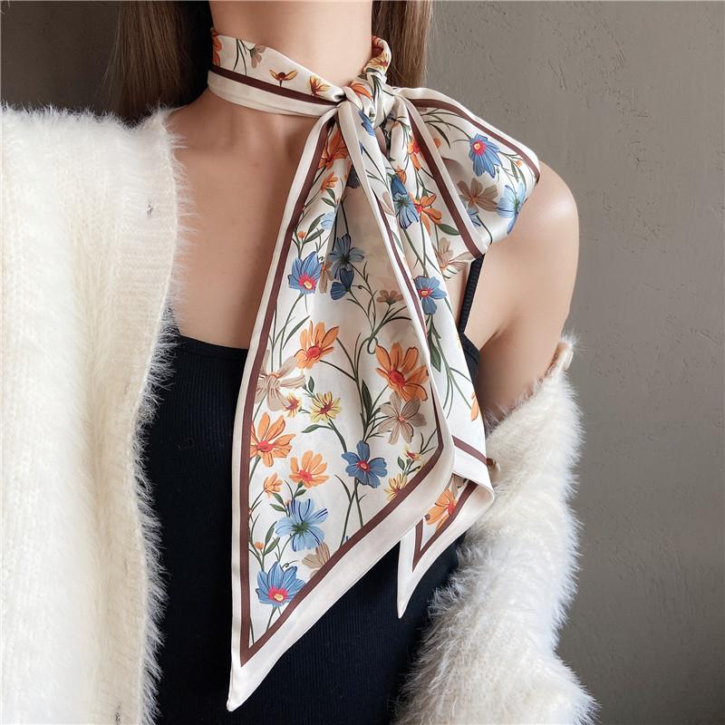 

Scarves Hijab Silk Scarf Women Fashion Flower Long Advanced Feeling Lady Hair Band Foulard Neckerchief Female Bandana Shawl Accessories