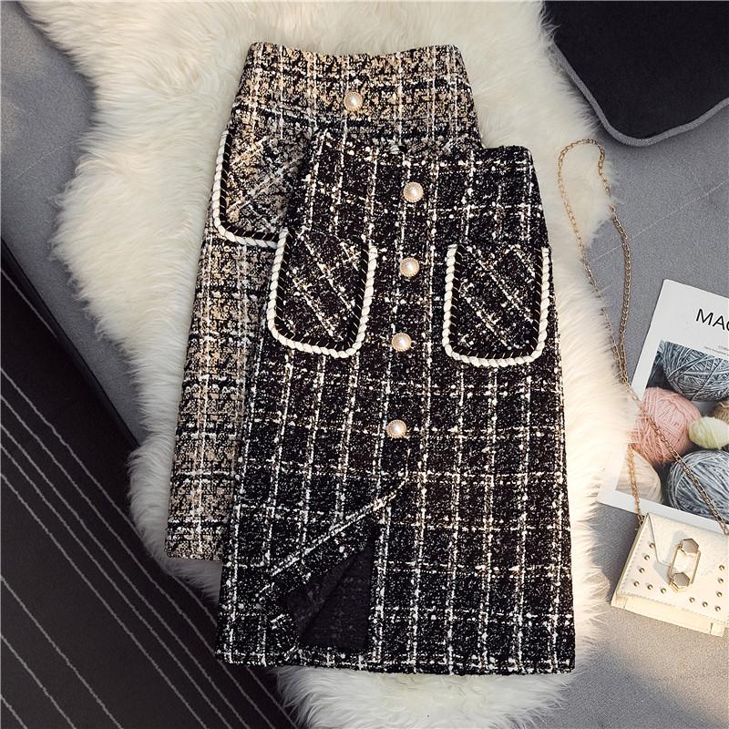 

Skirts Vintage Elegant A-Line Women Plaid Autumn Winter High Waist Slim Zipper Knee-Length Office Lady Skirt, Black