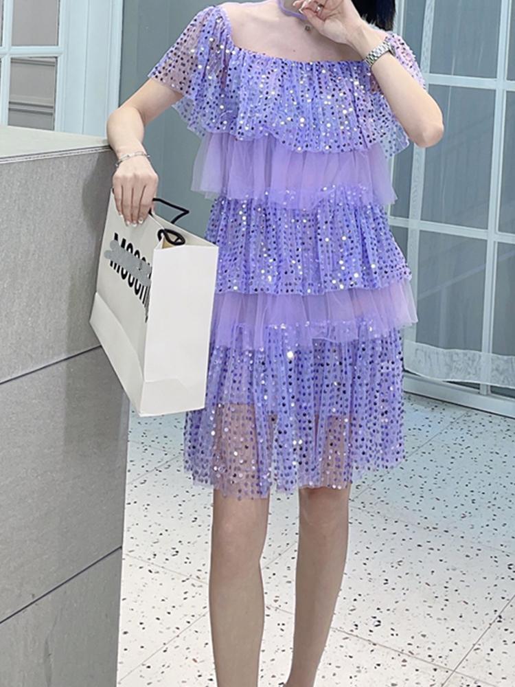 

Party Dresses Temperament And Elegant Dress 2022 Summer One Word Neck Mesh Sequin Cake Skirt Short Sleeve Fashion Women' ClothingParty, Purple