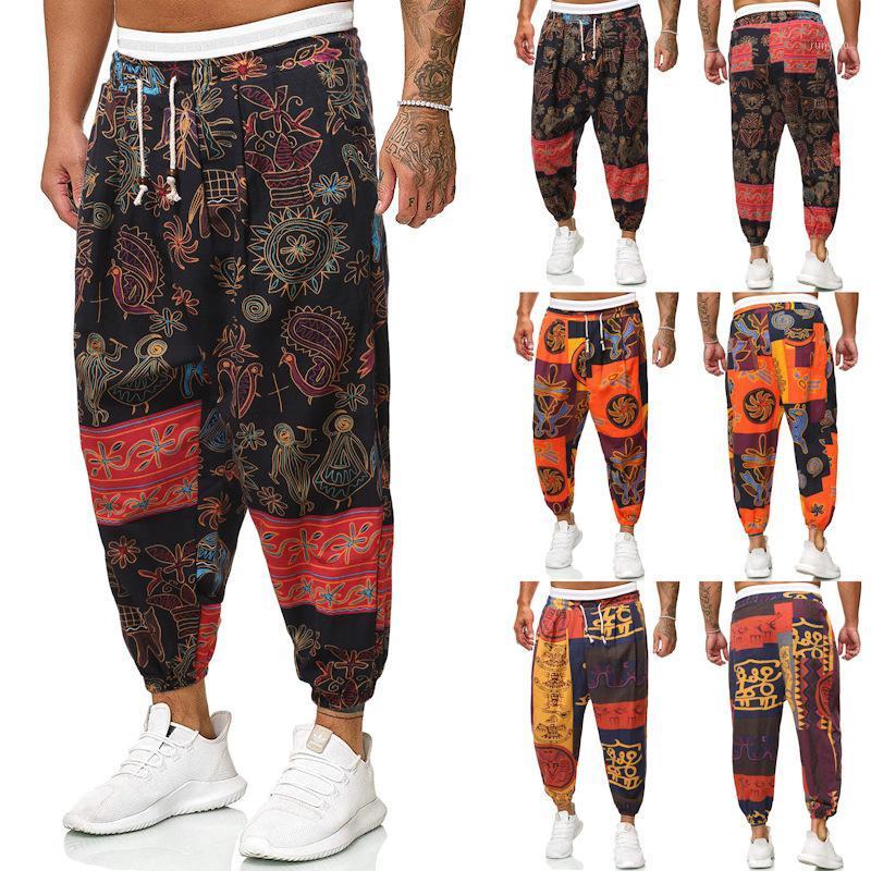 

European And American Casual Pants Men's Ethnic Style Cotton Linen Loose Rope Hip-hop Nine-point Broek Mannen