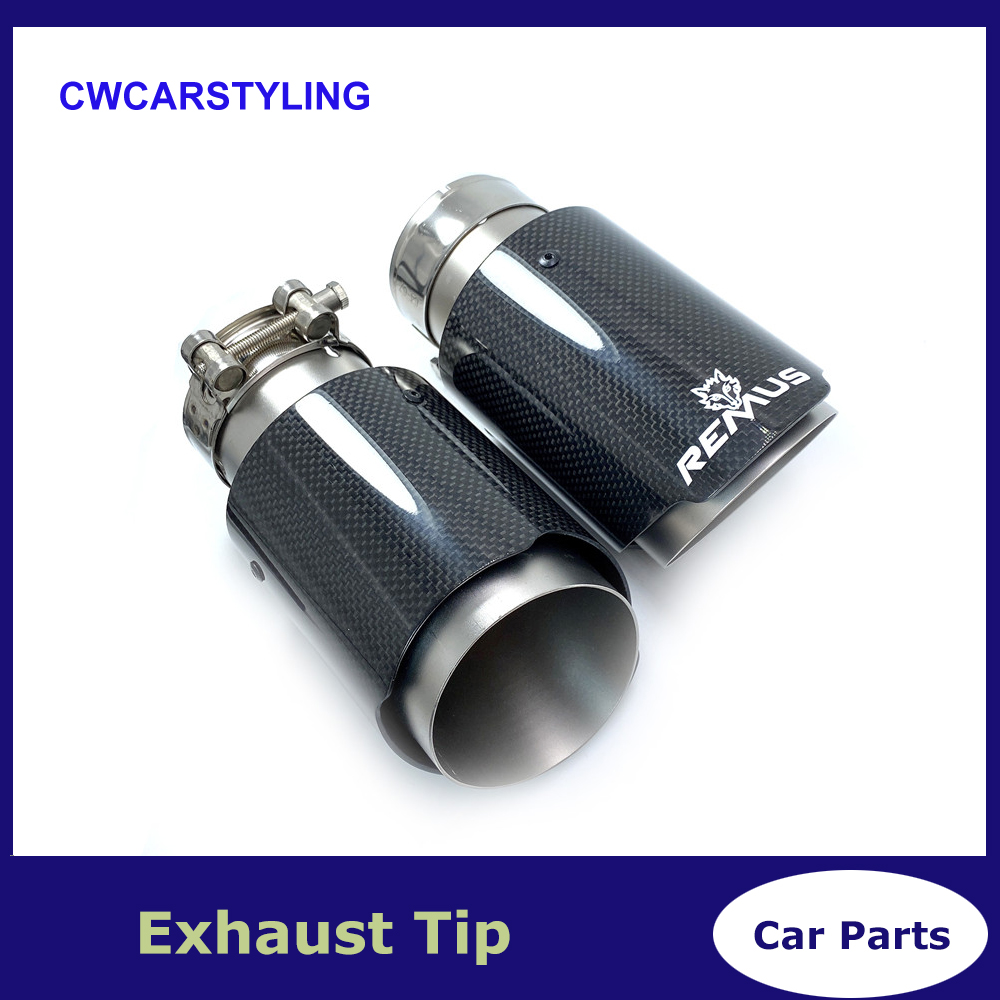 

Car Universal Sandblasting Stainless Steel Single Exhaust Pipe Full Glossy Carbon Remus Logo Black Cover Muffler Tip For Merc