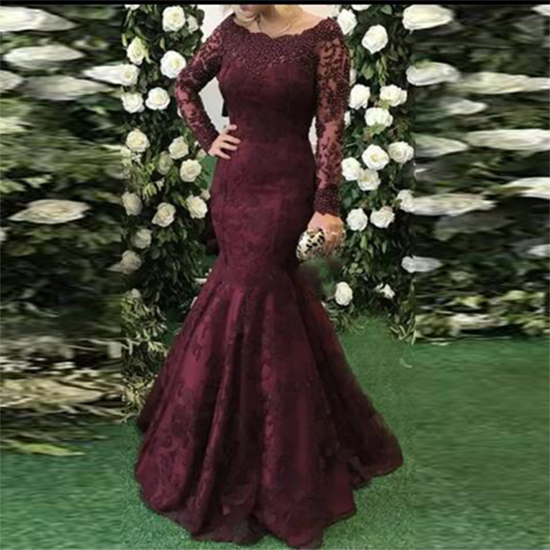

Burgundy Lace Mermaid Evening Dresses Lace Long Sleeves Saudi Arabia Prom Gowns Floor Length Formal Party Dress 2022, Brown