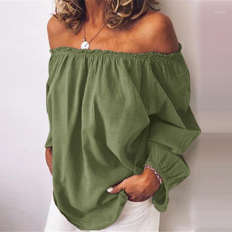 

Women's Blouses & Shirts 2022 Autumn Lantern Long Sleeve Blouse Women Off Shoulder Elastic Waist Top Pullover Elegant Cotton Linen Baggy Blu, Ag
