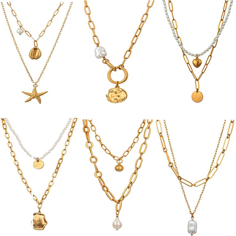 

Chains Vintage Multilayer Pearl Pendant Necklace For Women Stainless Steel Charm Choker Necklaces Boho Jewelry Christmas GiftChains