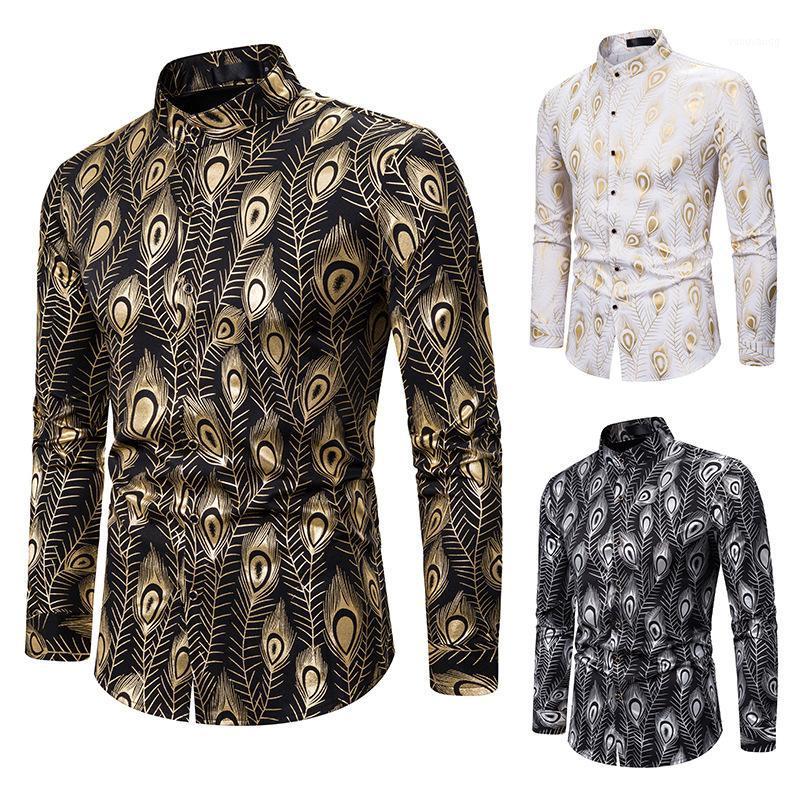 

Men' Bronzing Shirt Long Sleeve Stand Collar Cardigan With Feather Print Casual Nightclub Single-Breasted Tops, Gold