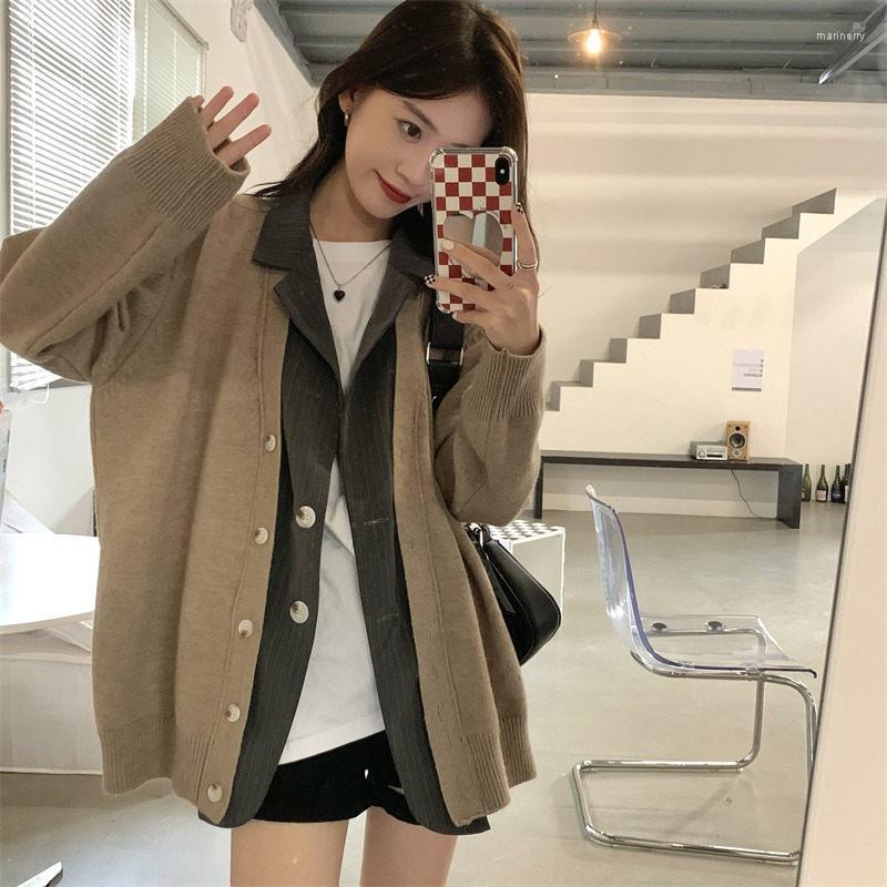 

Women' Knits & Tees Spring And Autumn Korean Harajuku Jacket Lazy Style Two Piece Knitted Cardigan Women' Loose Design Sweater Coat H1, Gray