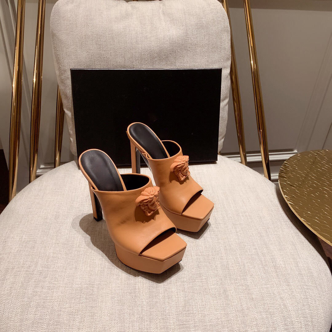 

2022 platform slippers high-heeled sandals stiletto mules Leather high Heels slip-on open toe women, Red