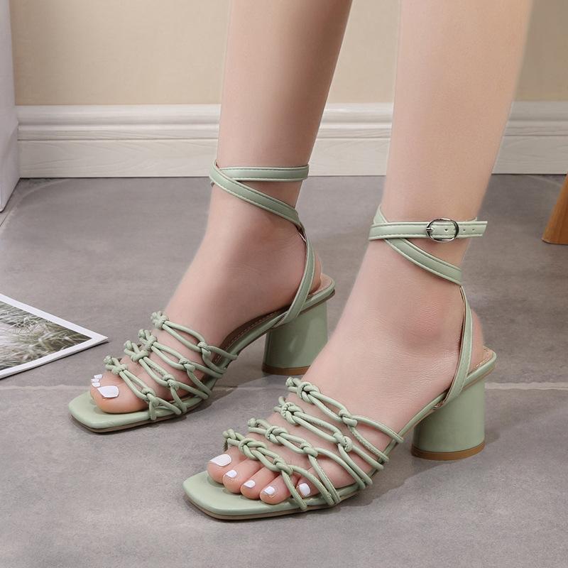 

Sandals Temperament High-heeled Women's Summer Korean Version Woven One-word Belt Fashion Thick Heel SandalsSandals, White