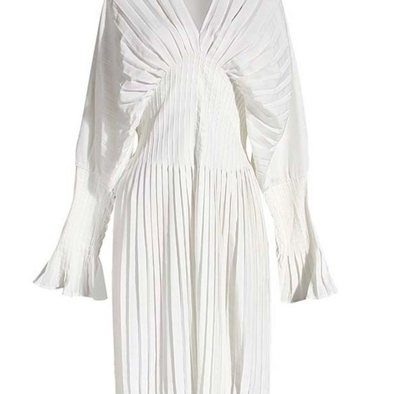 

[EAM] Women White Pleated Split Big Size Long Blouse V-collar Long Sleeve Loose Fit Shirt Fashion Spring Summer 1W326 220407, White dress