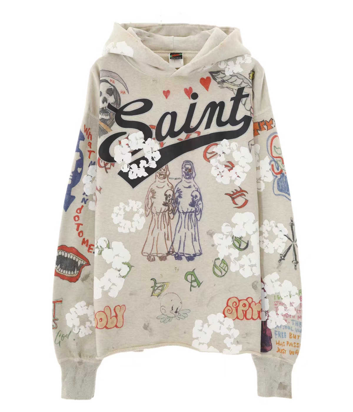 

Men' Hoodies Saint Michael 22ss denim tears Hoodie greenaffitti graffiti sweater, Gray