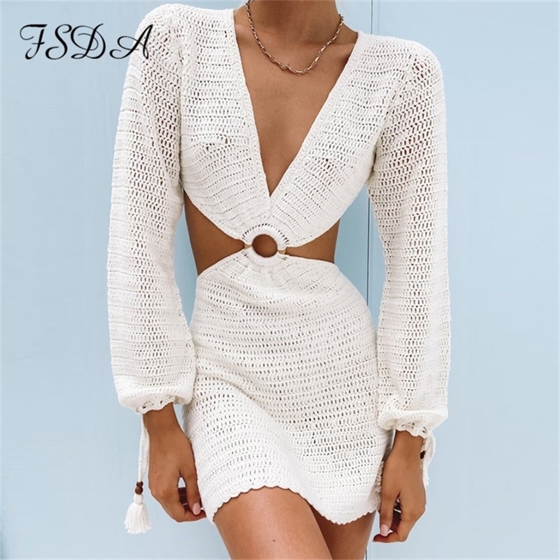 

FSDA Knit Stripe Long Sleeve Dress Beach Backless Summer Hollow Out Women V Neck Sexy Party Mini Dresses Casual White 220614