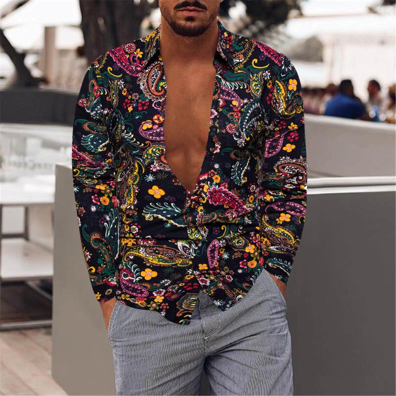 

Men's Casual Shirts Floral Print For Men Long Sleeve Turn Down Collar Button Shirt Blusas Lapel Slim Chemise Oversize Homme, Black