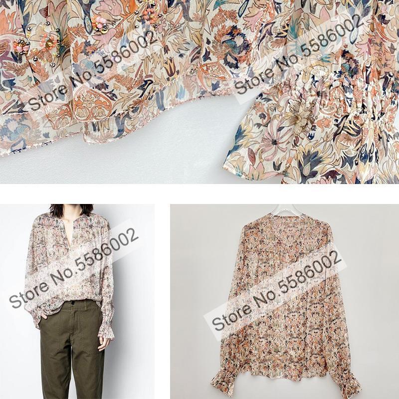 

Women' Blouses & Shirts High Quality Ladies V Neck Long Sleeve Floral Printed Beading Applique Patchwork Blouse Shirt Top, Multi