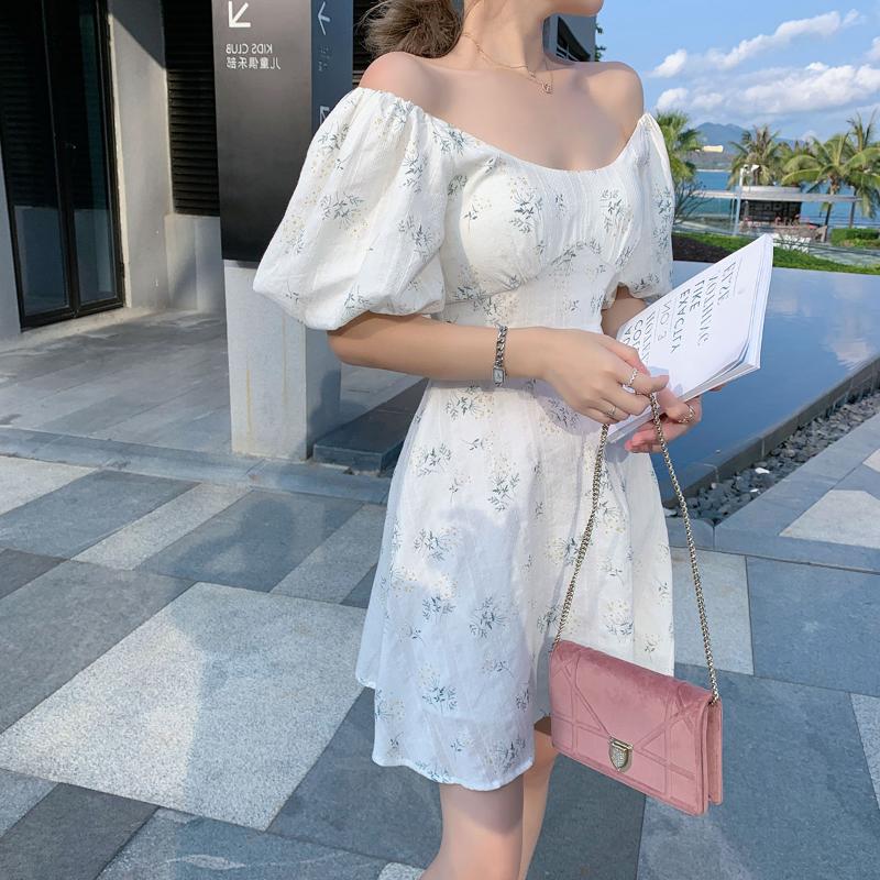 

Casual Dresses Puff Sleeve French Floral Print Maxi Mini Woman Dress Office Lady Korean Japan Style Kawaii Elegant For Women 2022 Summer, Short-white