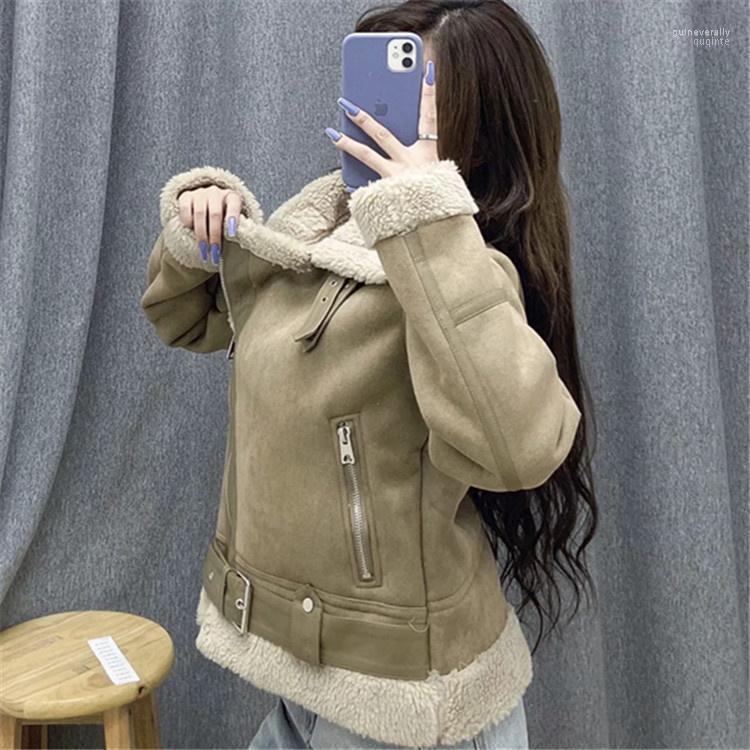 

Women's Down & Parkas 2022 Autumn And Winter Plush Thickened Lapel Fur Integrated Suede Locomotive Cotton Jacket Guin22, Black