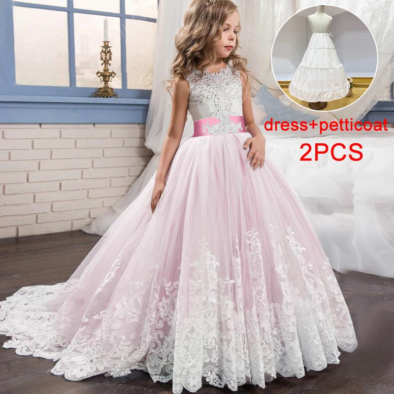 

Girl's Dresses Pageant Long Bridesmaid Dress Girl Bow Kids For Girls Children Evening Party Wedding Princess Elegant 10 12 YearsGirl's, Pink