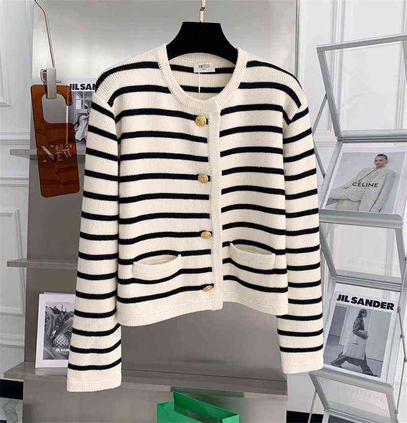 same black and white stripe contrast color knitted cardigan women's round neck single breasted sweater coat