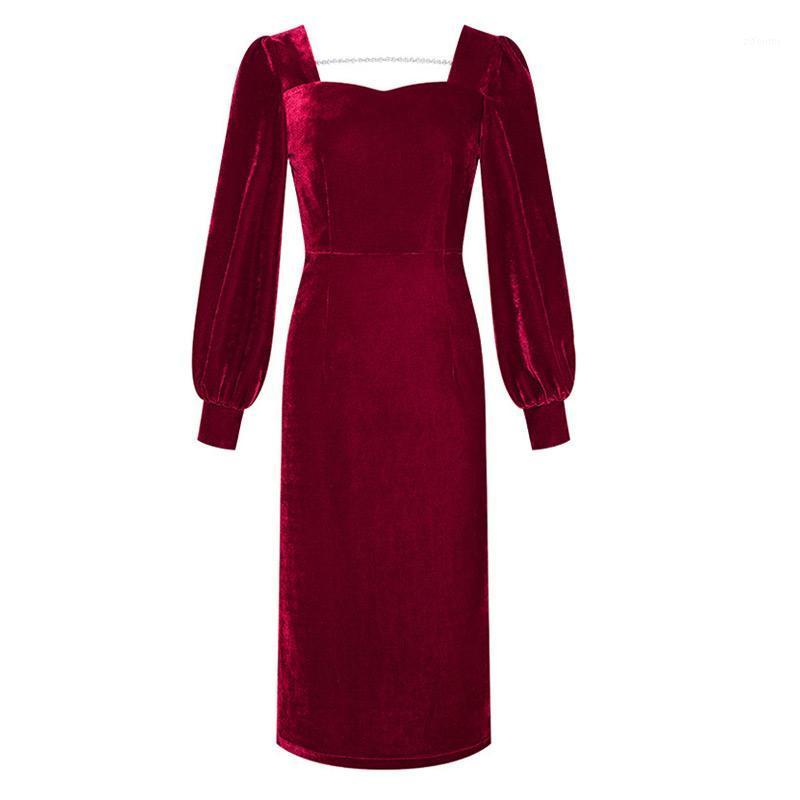 

Casual Dresses Wine Red Velvet Woman Ceremony Sweetheart Neckline Lantern Sleeves Open Back Slit Vent Midi Sheath Dress, Burgundy