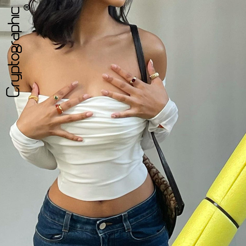 

Off Shoulder Long Sleeve Spring Autumn Cropped Tops for Women T-Shirts Elegant Ruched White Top Tees Solid Clothes