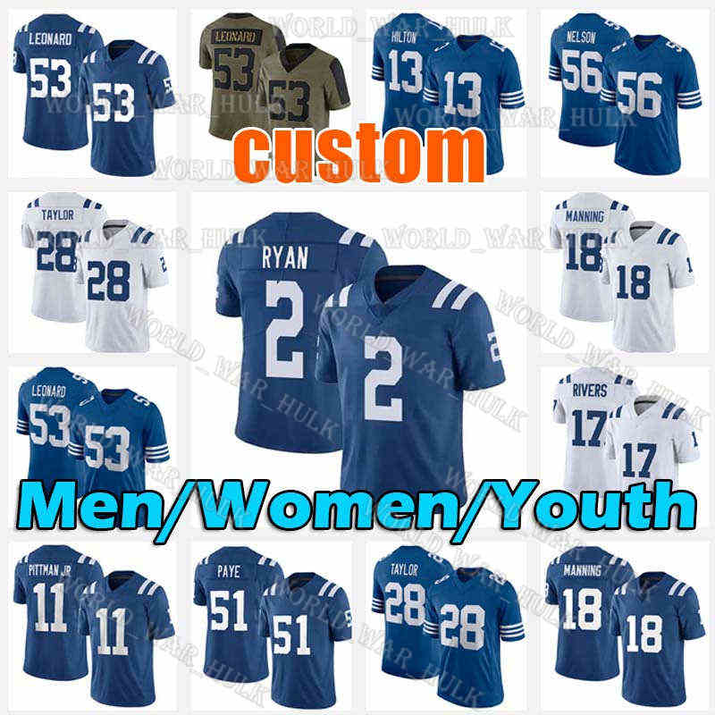 

Indianapolis''Colts''Matt Ryan Jersey Jonathan Taylor Football Kenny Moore II Quenton Nelson Darius Leonard T.Y. Hilton Michael Pittman Jr Nyheim Hines Campbell, Youth custom jersey(x m)