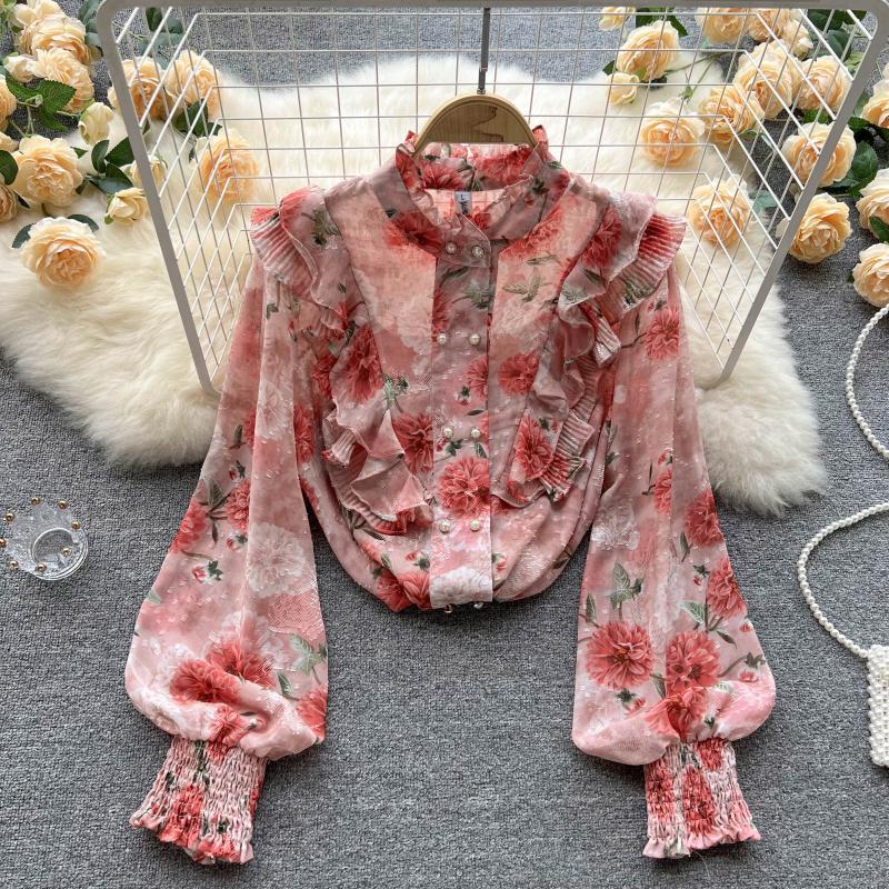 

Women's Blouses & Shirts Spring Summer Women Fashion Stand Neck Long Sleeve Chiffon Shirt Korean Lace-up Floral Print Sweet Blouse Tops E905, Blue