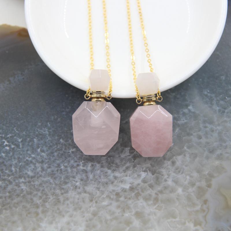 

Pendant Necklaces Natural Rose Quartzs Perfume Bottle Faceted Healing Pink Crystal Essential Oil Diffuser Vial Necklace For Women GiftPendan
