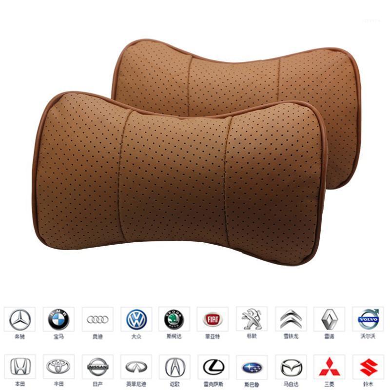 

Seat Cushions KKYSYELVA 2PC Genuine Leather Bone-Shaped Car Pillow Neck Rest Headrest Comfortable Black Cushion Pad Custom Logo Pattern