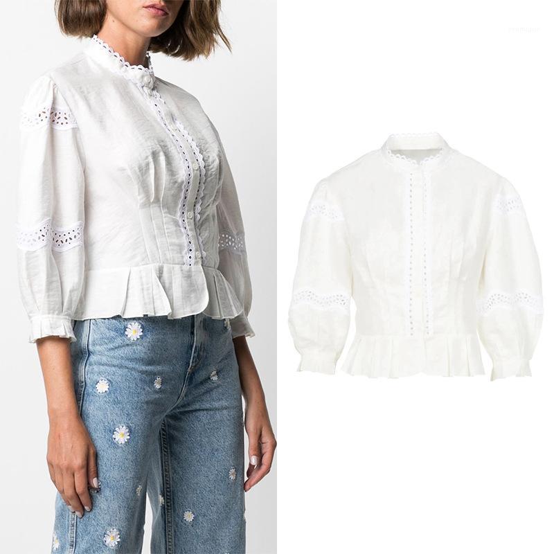 

Women' Blouses & Shirts Women Shirt Summer 2022 Embroidered Hollowed-out Blouse With Standing Collar And Lace Seven-point Sleeves Ruffled, White