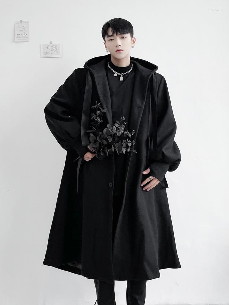 

Men' Wool & Blends Ins Medium And Long Woolen Coat Winter Fashion Youth Trend Large Personalized Streamer Loose Hooded A-Word Viol22, Black