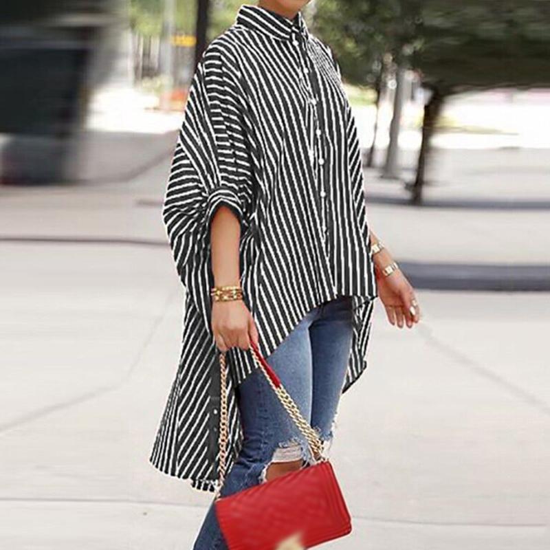 

Women' Blouses & Shirts Striped Womens Blouse Turn Down Collar Three Quarters Sleeve Top Long Shirt Asymmetrical Hem Beach Vintage Clothes, Rd