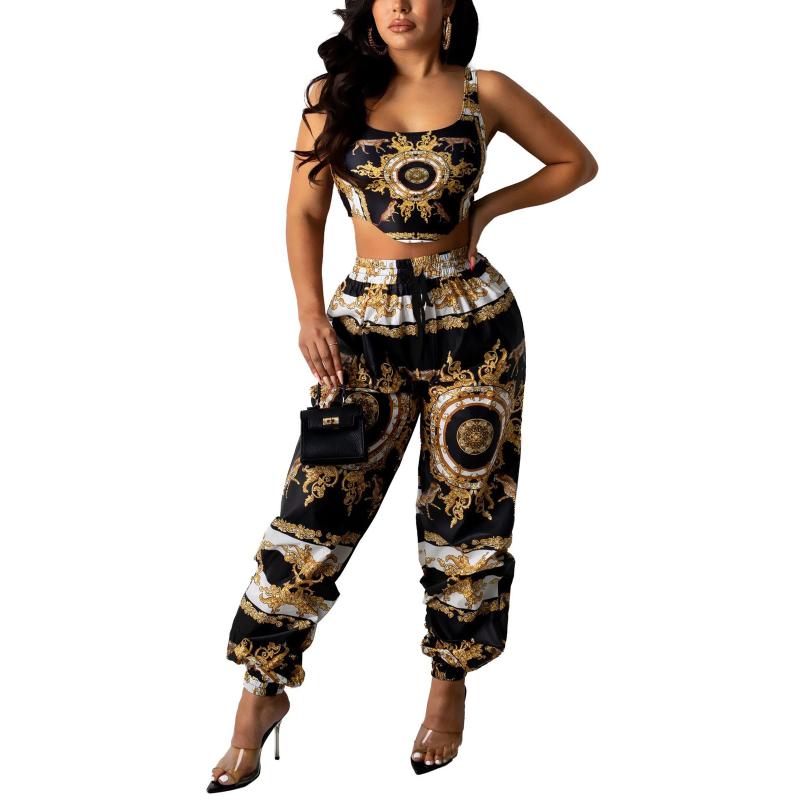 

Women' Two Piece Pants Vintage Print Women Suits Sleeveless Straps Corset Crop Tops And Lace-up Joggers Trousers Fashion Two-pieces Outfits, Multi