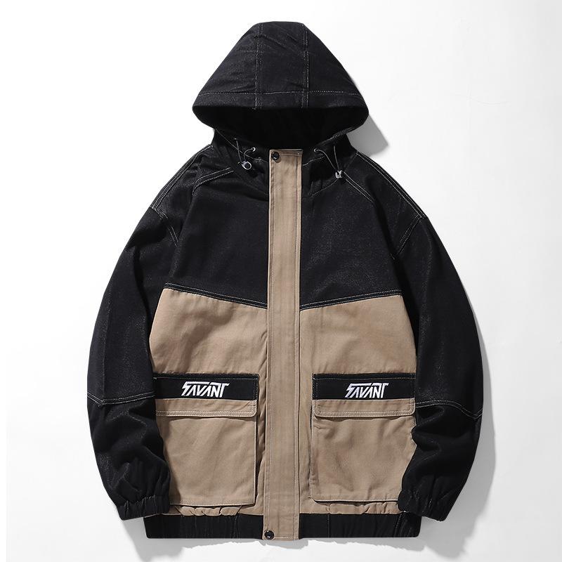 

Men's Jackets Fashion Pure Cotton Color-blocking Loose Hooded Jacket Spring And Autumn Tide Brand Embroidered Work, Black