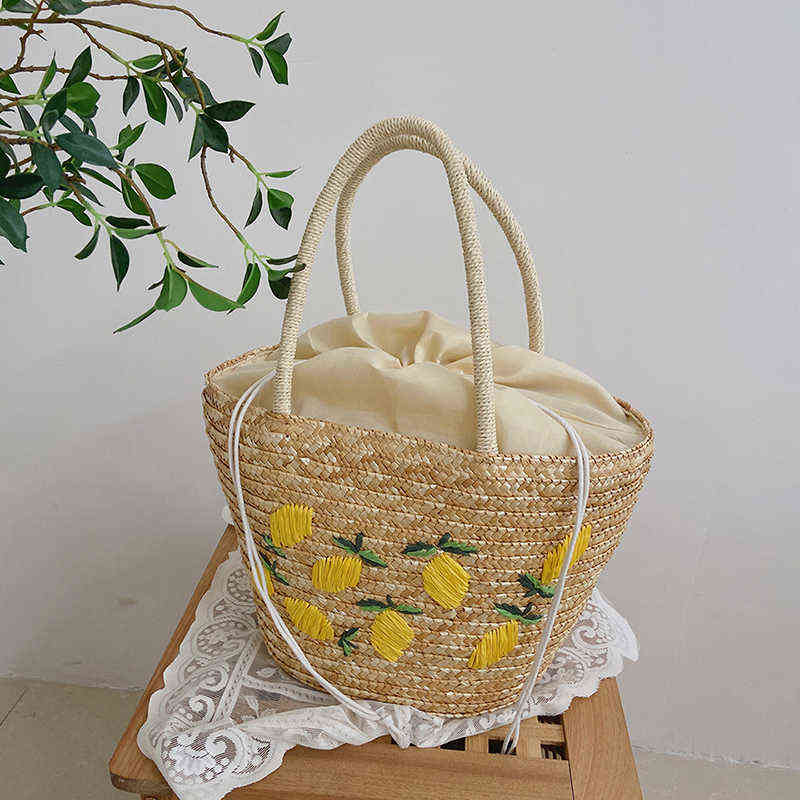 

Summer Women's Hand-woven Straw Bag Fashion Lemon Embroidery Handbag Female Holiday Travel Beach Large Capacity Tote Bag 2022