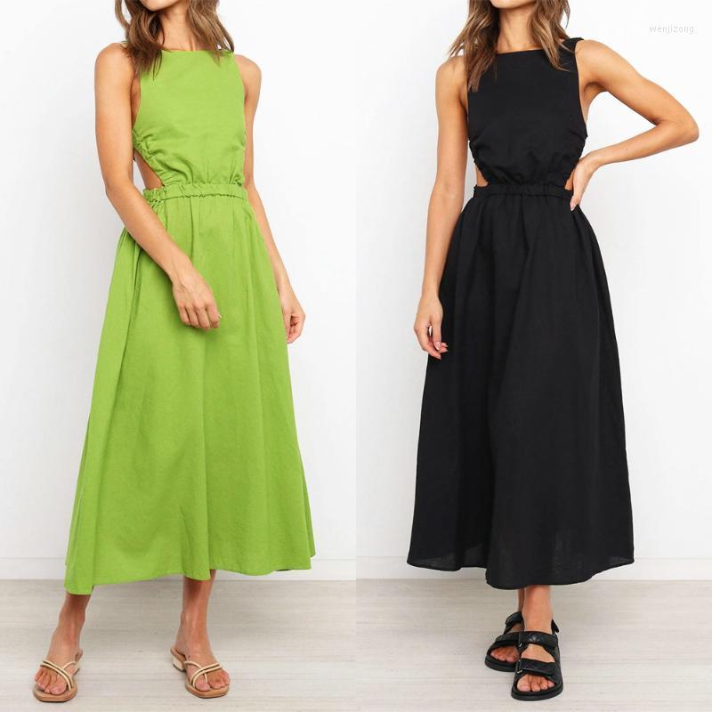 

Casual Dresses Solid Backless Summer Dress Women Sleeveless Long Halter Beach, Black