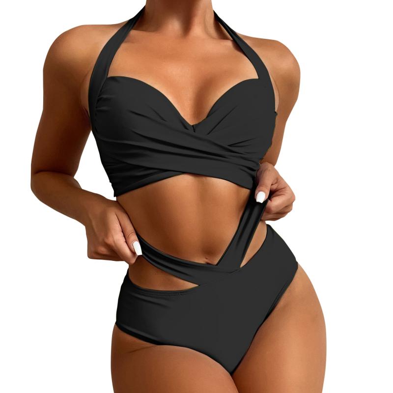 

Women' Swimwear Women Sexy Lace Up Two Pieces 2022 Beach Bathing Suits Piece Retro Halter Ruched Wrap Front High Waist Crop Top, Ye