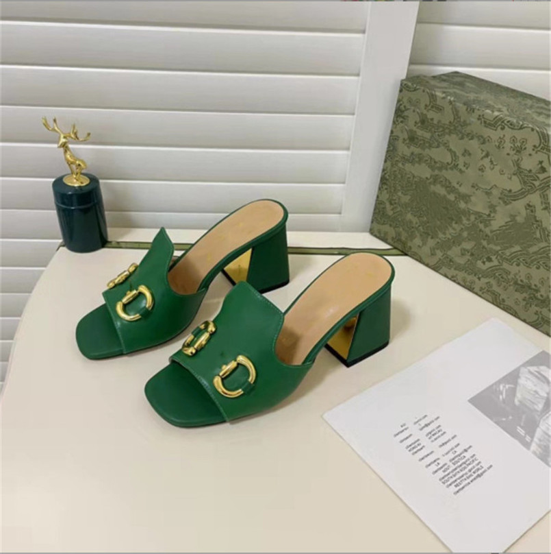 

Quality Classic slipper woman Sandals Lady Summer luxury Designer Sandals Metal buckle Leather sexy high heeled shoes Coarse heel slipper, White