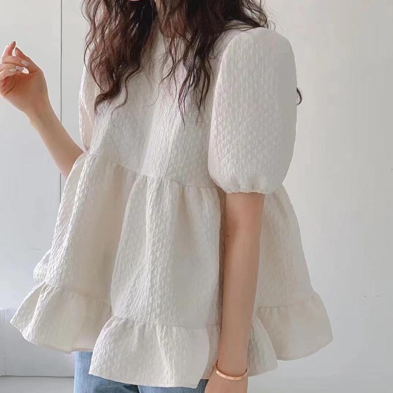 

Women' Blouses & Shirts Puff Sleeved Top Ruffled White Doll Shirt Sweet Loose Round Short Sleeve Summer 2022 Japan Style BlouseWomen' WWom, Beige