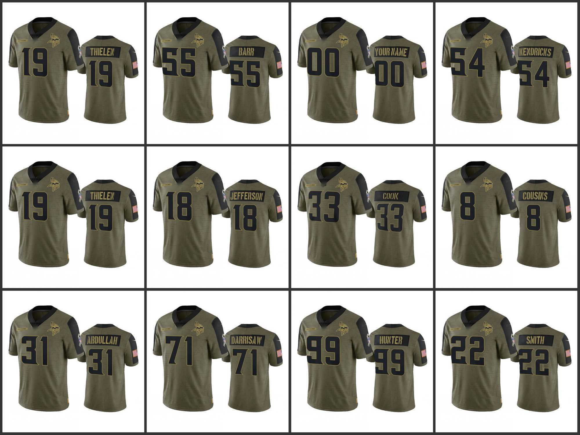 

Minnesota''Vikings''Men #33 Dalvin Cook 8 Kirk Cousins 19 Adam Thielen 18 Justin Jefferson Custom Women Youth Olive Salute To Service
