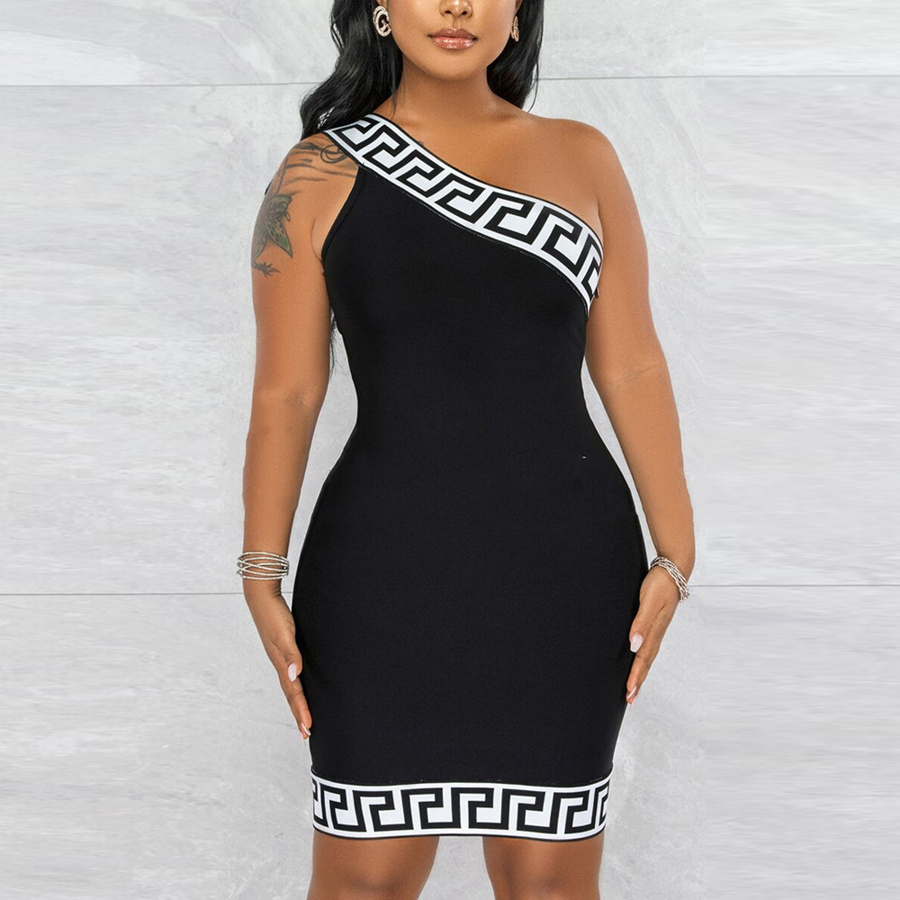 

Women's Dresses Sexy European and American Hip Wrap diagonal shoulder dress nightclub dress 001, Black