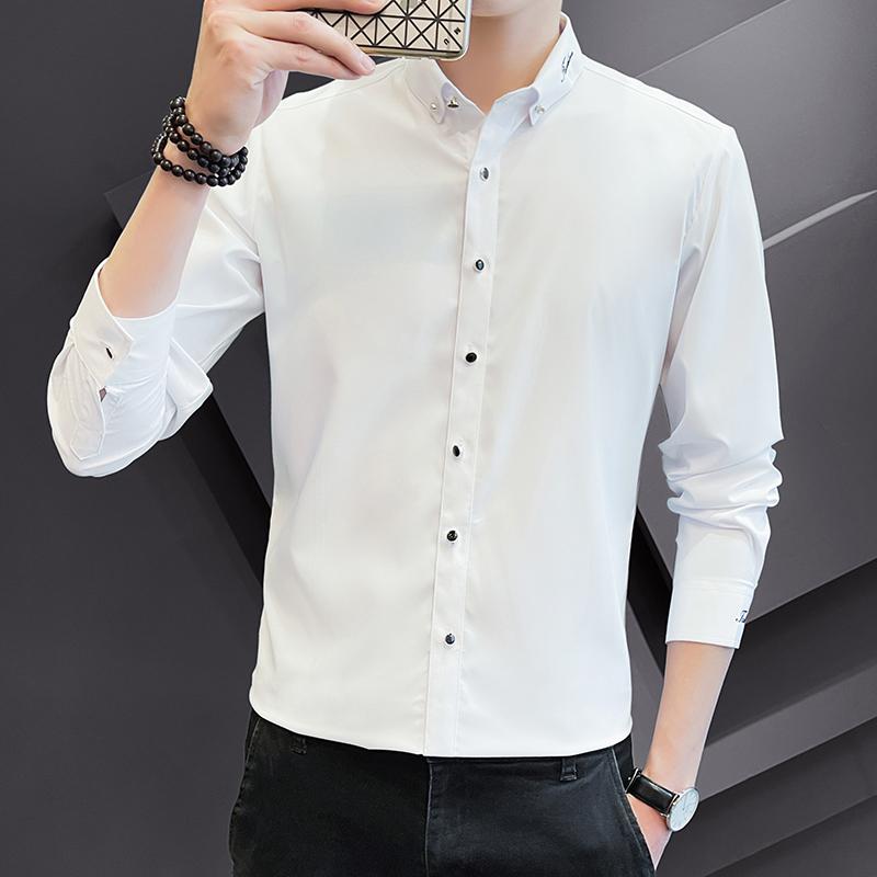 

Men's Casual Shirts Male High Quality Fashion Mens Solid Color Stand Collar Business Dress Men Red Black White Blue ShirtMen's, Sky blue