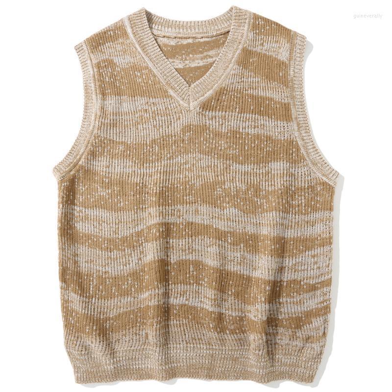 

Men's Vests LACIBLE Harajuku Streetwear Vintage Irregular Striped Knitted Sweaters Pullover Vest Men Casual Loose Sleeveless Knitwear Tops G, Brown