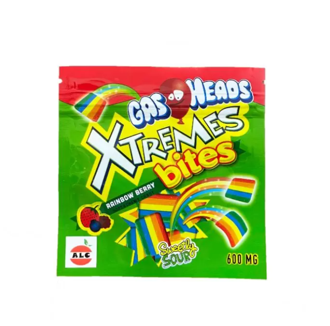 

Empty 600mg Gas Heads Mylar Bags Smell Proof Xtremes Bites Rainbow Berry Sweetly Sour Edibles Gummies Package